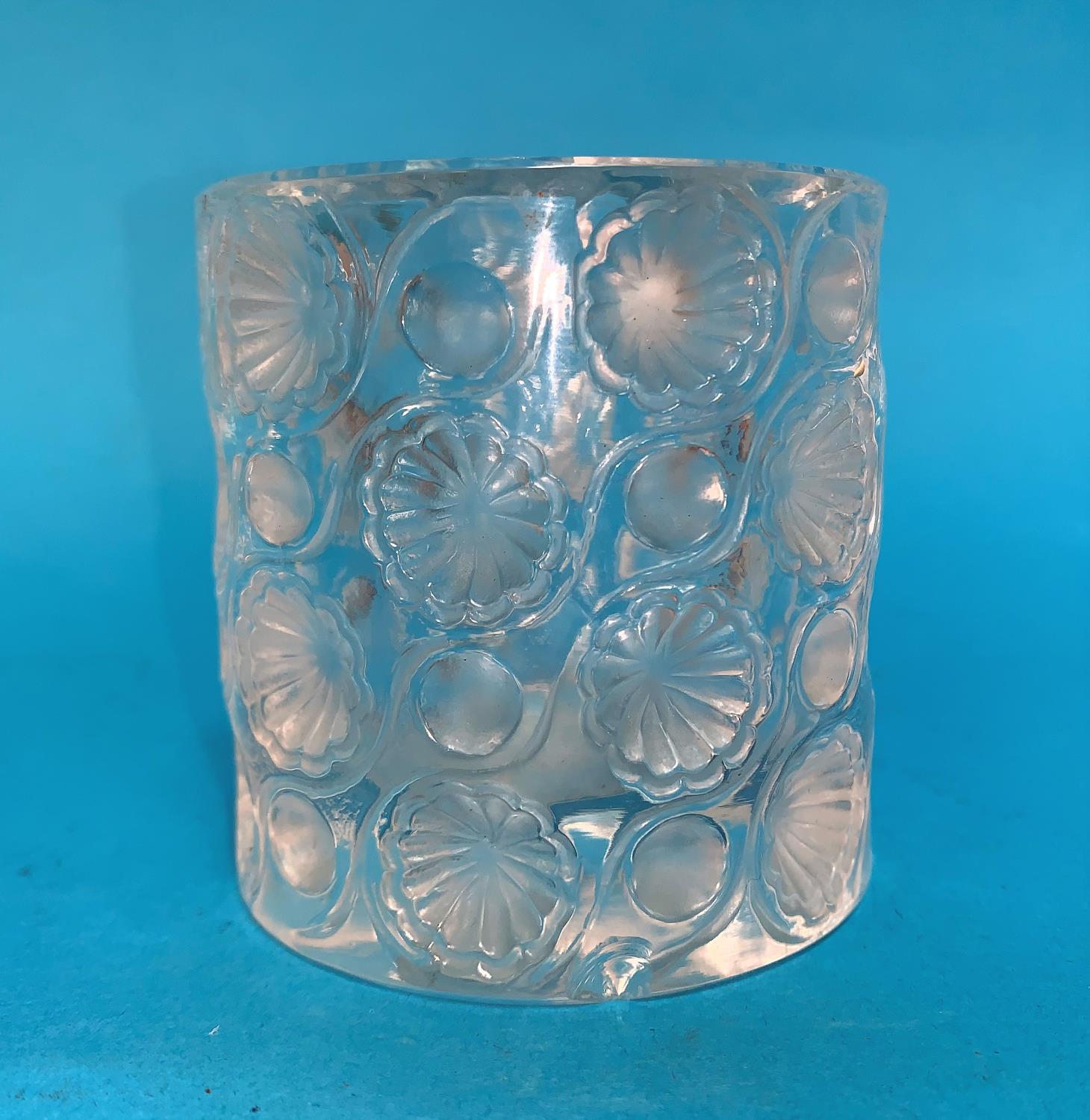 A Lalique cylindrical glass posy vase with moulded decoration, 7.5 cm