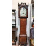 An 18th century crossbanded oak longcase clock, the hood with swan neck pediment, painted glass