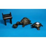 A Chinese bronze tortoise with snake on its back, 5.25"; a Chinese bronze turtle, 3"; a small bronze