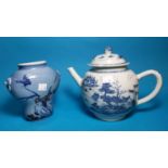 An 18th / 19th century Chinese porcelain teapot decorated in underglaze blue with buildings and