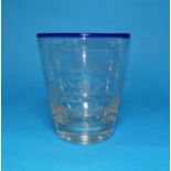 An engraved ceremonial glass for the Order of Oddfellows, with blue rim, engraved: "John and