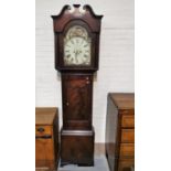 An early 19th century mahogany longcase clock with arched painted dial and 8 day movement