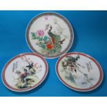 A pair of Chinese Republic shallow dishes decorated in polychrome with birds in branches,