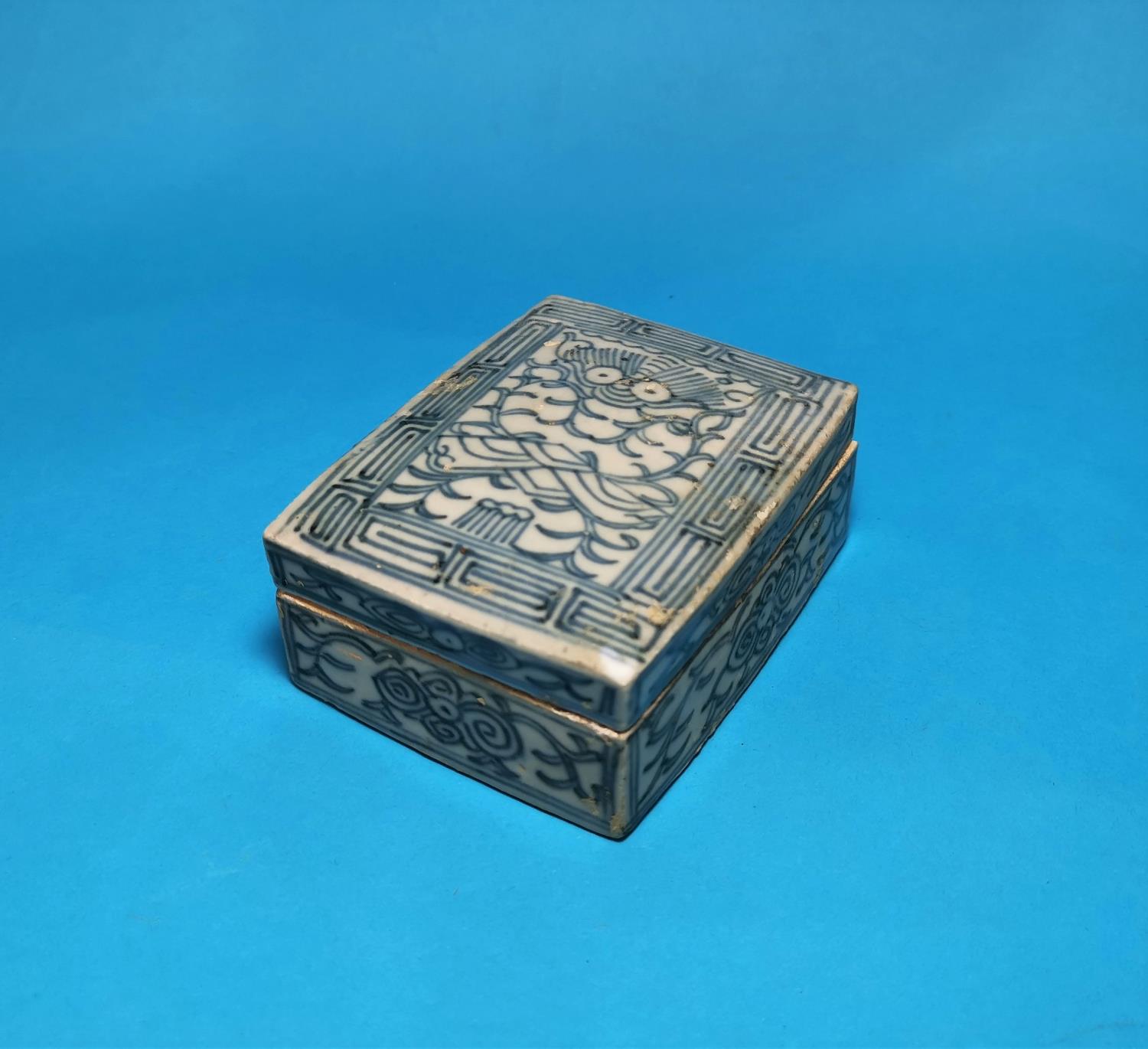 A 19th century Chinese porcelain rectangular box with underglaze blue decoration, with