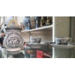 A group of 19th century child's tea service pieces, black transfer with verse "Ladies All I Pray,