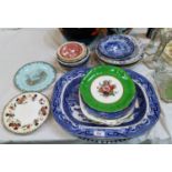 Two 19th century large blue & white meat plates; other blue & white and decorative plates
