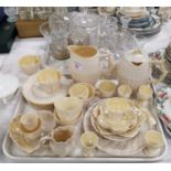 A selection of Belleek china shell pattern teaware; etc. 30 pieces approx; a cut glass decanter;