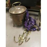 A pair of brass period style 2 branch gas fittings; 3 chandelier fittings; A brass covered coal