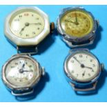 Three early 20th century ladies wristwatches with iridescent dials; an Ingersoll wristwatch (no