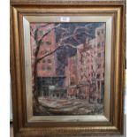 Josephine Manson: City street, oil on board, 17.5" x 13.", framed