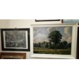 P A Johansen, landscape with trees, oil on board, signed, 59 cm x 8 cm, framed; a print after