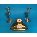 A pair of silver candlesticks, Chester hallmark; a French brass inkstand