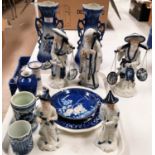 A pair of Victorian style blue & white vases; a selection of modern Chinese blue & white figure;
