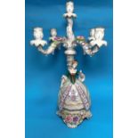 A modern Dresden style 5 sconce encrusted candelabrum: woman in 18th century dress