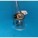 A gent's 9 carat hallmarked gold gypsy style ring, the split shank set large simulated oval diamond,