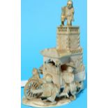 A Japanese Meiji peroid Ivory group of a tall cart with three figures height 9cm