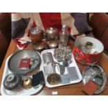 A 19th century silver plated biscuit barrel an egg cruet; other silver plate; pewter; etc.