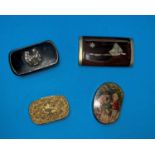 4 19th century snuff boxes, black lacquer picture of 2 children (worn); rosewood with silver