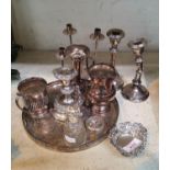 A hallmarked silver pin dish; a pair of hallmarked silver candlesticks (a.f.); various other