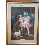 A Victorian print: "Kiss and be friends", framed and glazed; a selection of vintage hats