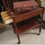 A 1930's 2 tier tea trolley with cutlery drawer; a small leather case