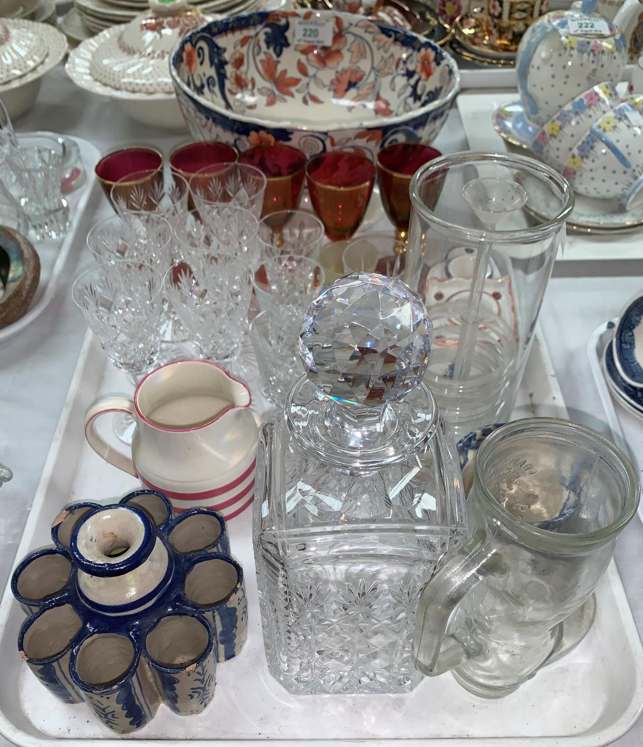 An Amhurst bowl; 2 18th century style delft inkwells and a bud vase; a cut decanter and drinking