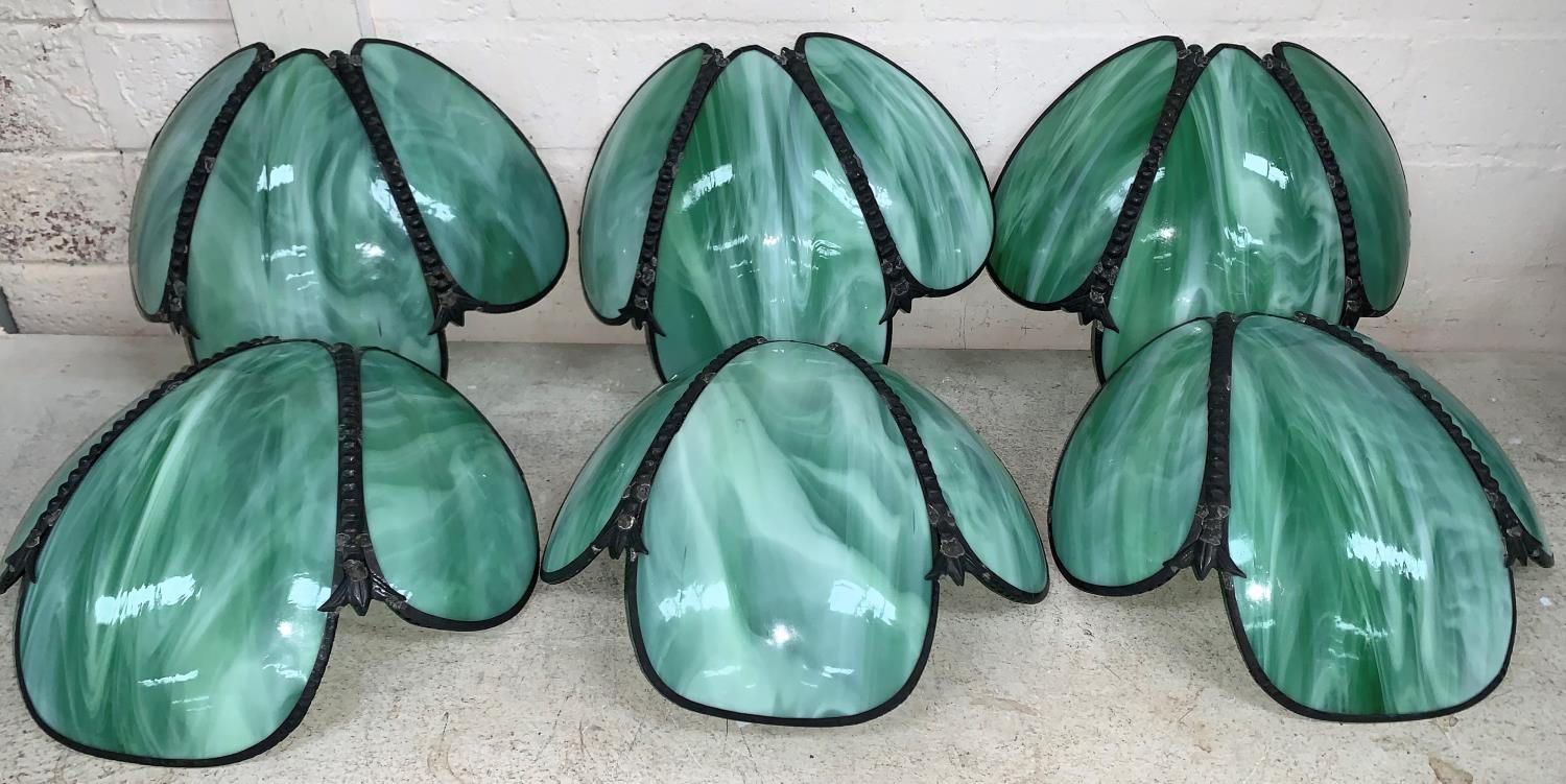 A set of 6 Mid 20th century dark metal and opaque green glass wall lightshades, each flowerhead