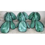 A set of 6 Mid 20th century dark metal and opaque green glass wall lightshades, each flowerhead