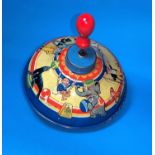 A vintage 1950's child's tin-plate spinning top together with central winding handle decorated