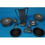 A silver 3 piece cruet and other items