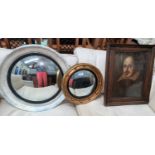 A convex circular wall mirror in gilt ball frame; a similar mirror; a 1930's print of Shakespeare,