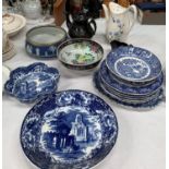 A Wedgwood blue jasperware bowl; a 19th century black stoneware teapot and jug; an Abbey blue