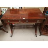 A reproduction mahogany sofa table with extensive marquetry inlay