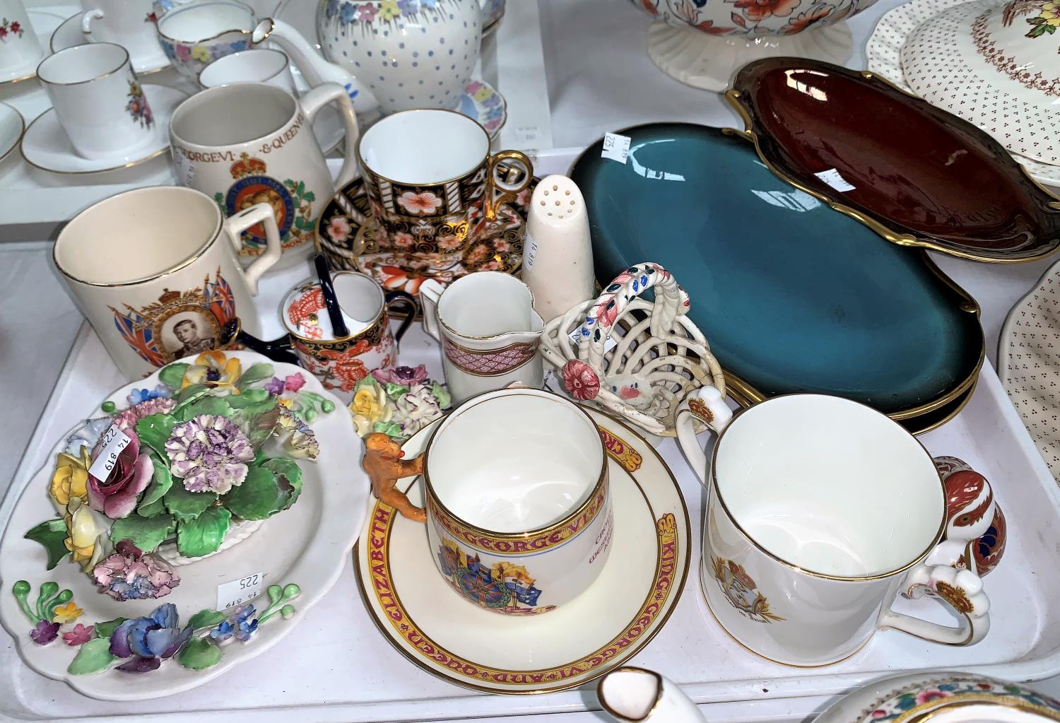 Five pieces of Royal Crown Derby Japanware: cup & saucer; miniature watering can and duck; 3 Carlton