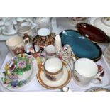 Five pieces of Royal Crown Derby Japanware: cup & saucer; miniature watering can and duck; 3 Carlton