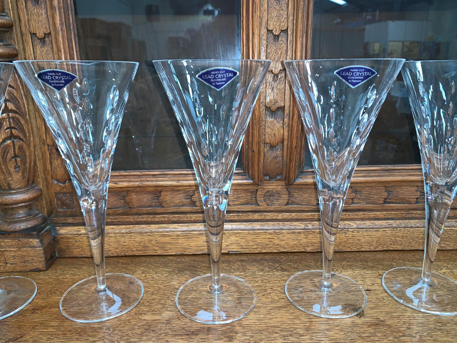 A set of 6 large heavy modern conical lead crystal champagne flutes / red wine glasses, by Rayware