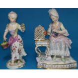 A 19th century Meissen porcelain figure of a girl feeding a bird, another similar Meissen figure (