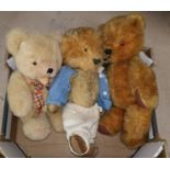 A vintage teddy bear; 2 others; 2 19th century framed prints of lilies