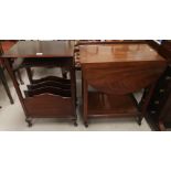 A mahogany rectangular occasional table/magazine rack; a mahogany oval drop leaf tea trolley