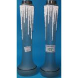 A pair of frosted glass stem vases with silver mounts