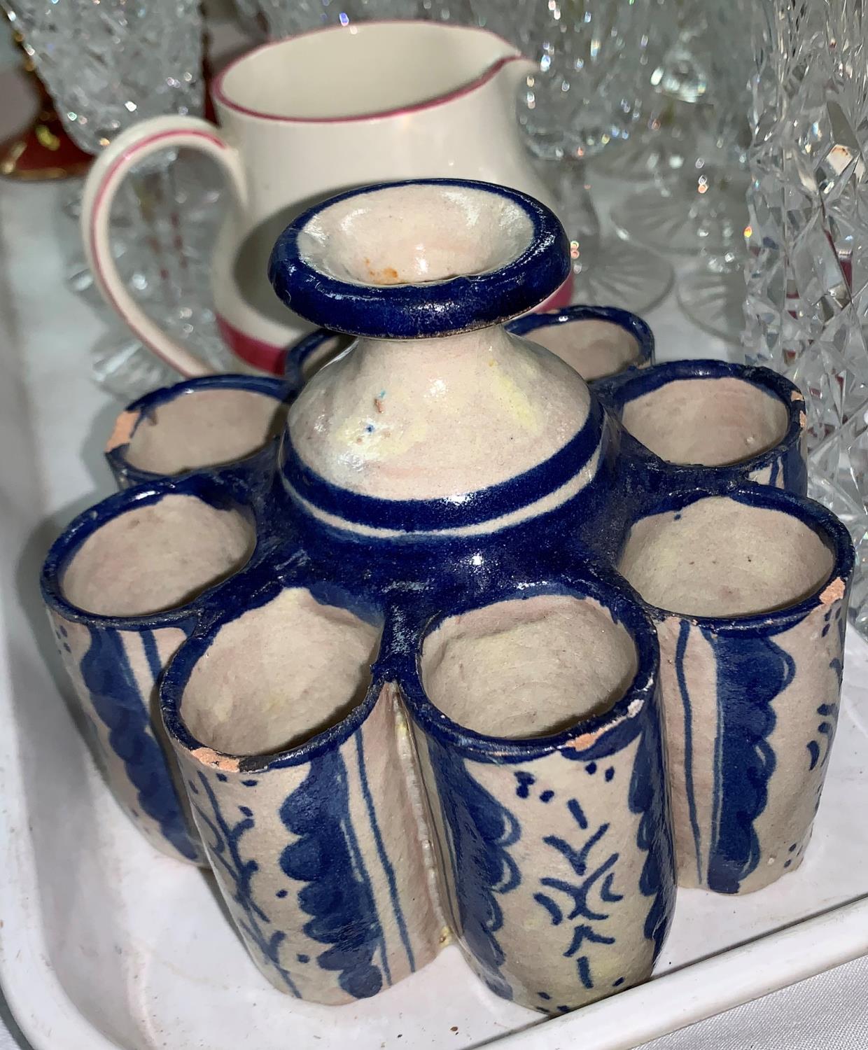 An Amhurst bowl; 2 18th century style delft inkwells and a bud vase; a cut decanter and drinking - Image 2 of 4