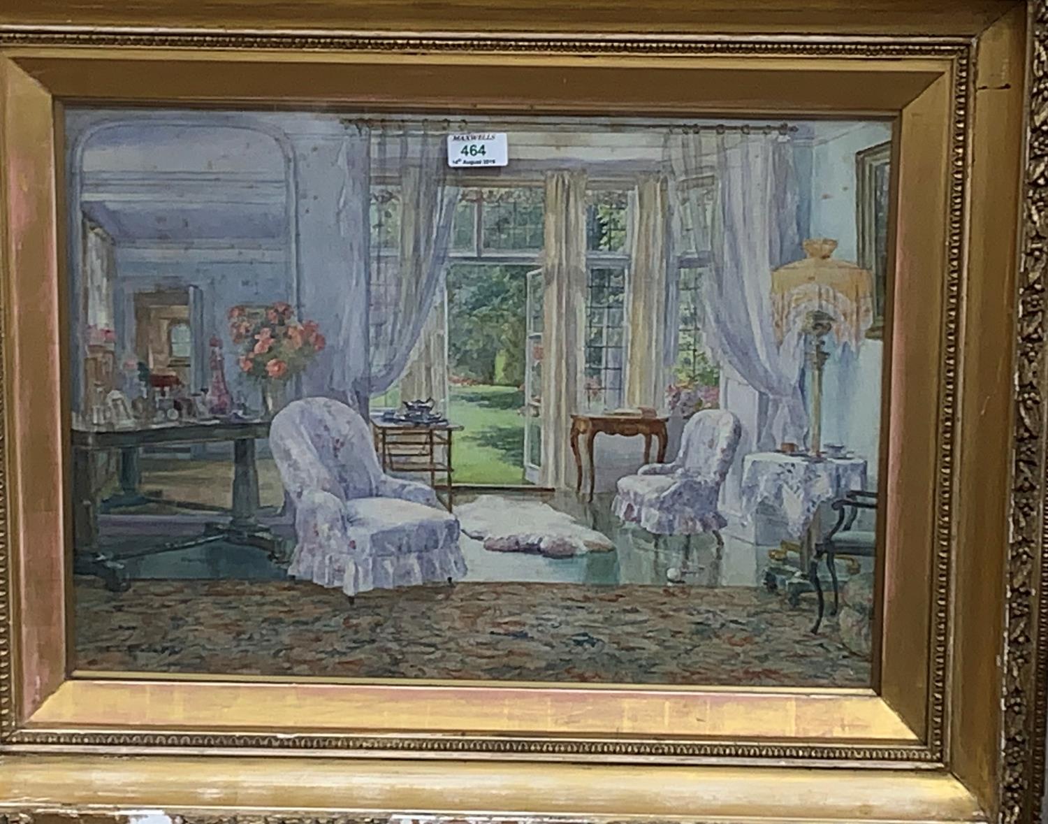 E L Bradbury: Victorian drawing room with views into the garden, watercolour, signed, 16" x 21.5",