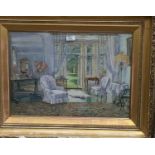 E L Bradbury: Victorian drawing room with views into the garden, watercolour, signed, 16" x 21.5",