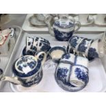 A Wedgwood Willow pattern tea set, 10 pieces; a similar blue & white part tea set; 3 similar cups