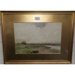 Claude Hayes RI 1852-1922 Irish: river landscape with sheep, watercolour, signed, framed and glazed