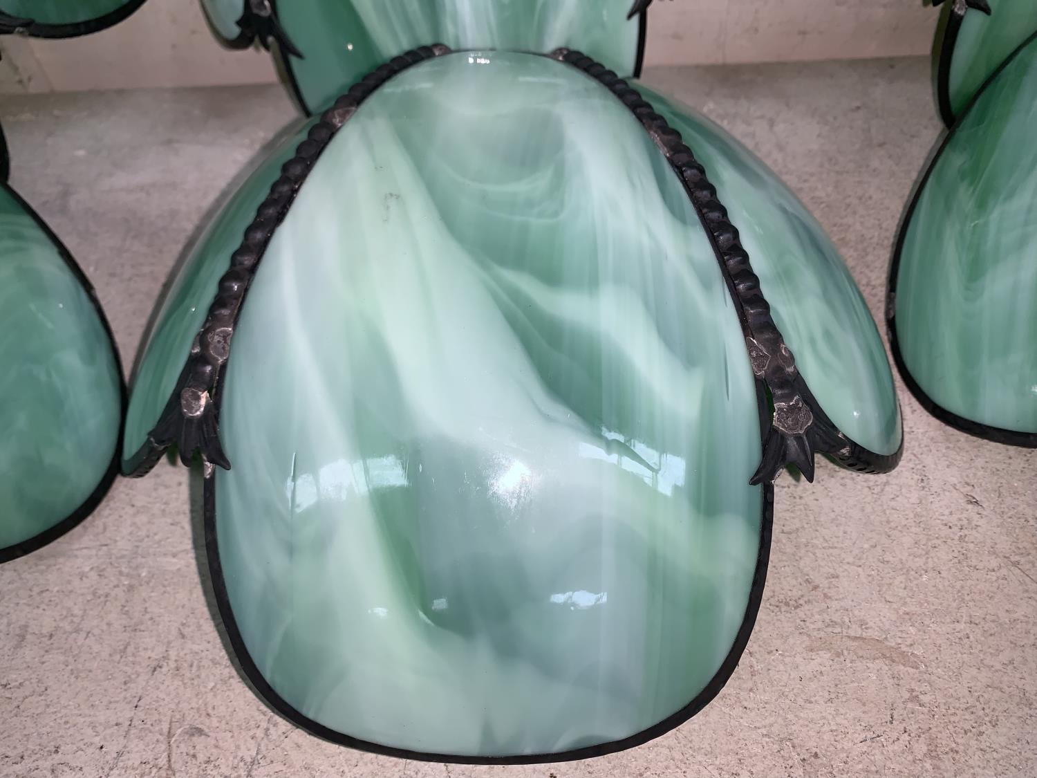 A set of 6 Mid 20th century dark metal and opaque green glass wall lightshades, each flowerhead - Image 2 of 2