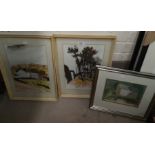 Audrey M Smith: Street scenes, pair of pen and ink watercolours, 14" x 9.5", framed and glazed;