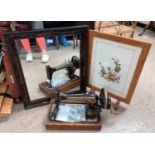 A Singer hand operated sewing machine; a 19th century mirror with tortoiseshell frame, another
