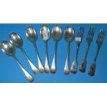 A set of 6 Old English pattern dessert spoons, Sheffield 1900; a set of 3 silver dessert forks,