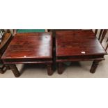 A pair of rustic square top coffee tables on heavy turned legs